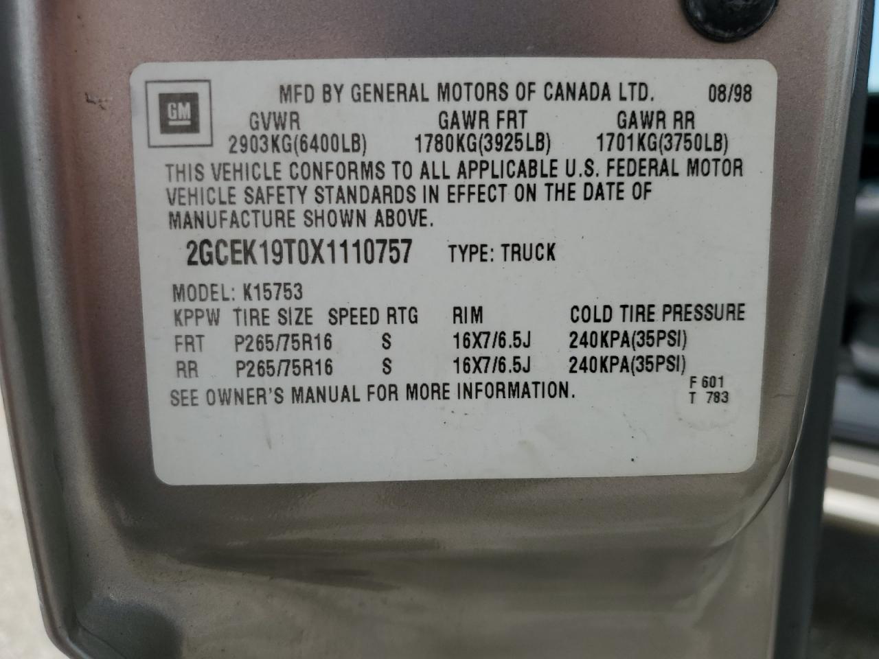 1999 Chevrolet Silverado K1500 VIN: 2GCEK19T0X1110757 Lot: 64661175