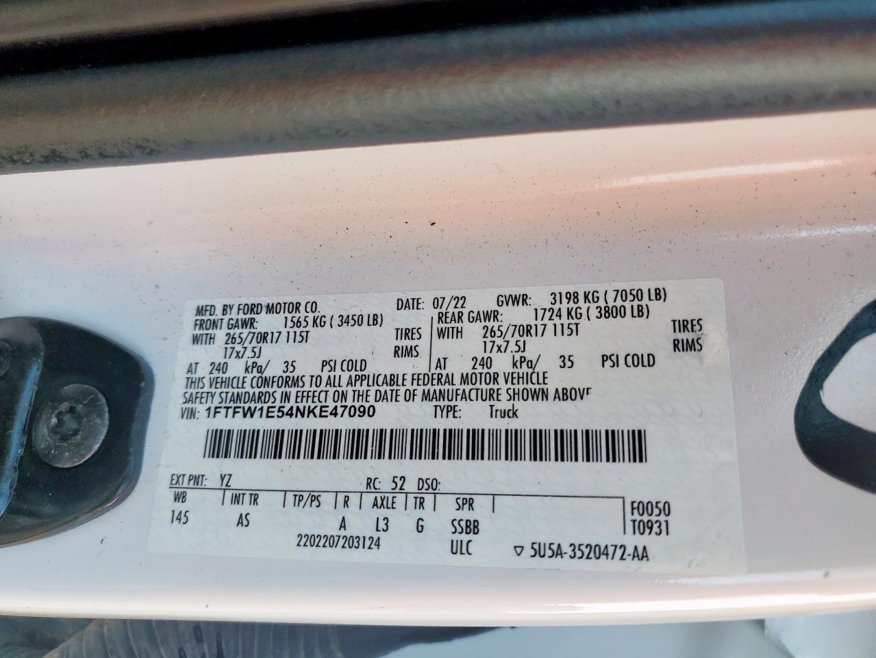 2022 Ford F150 Supercrew VIN: 1FTFW1E54NKE47090 Lot: 63657335