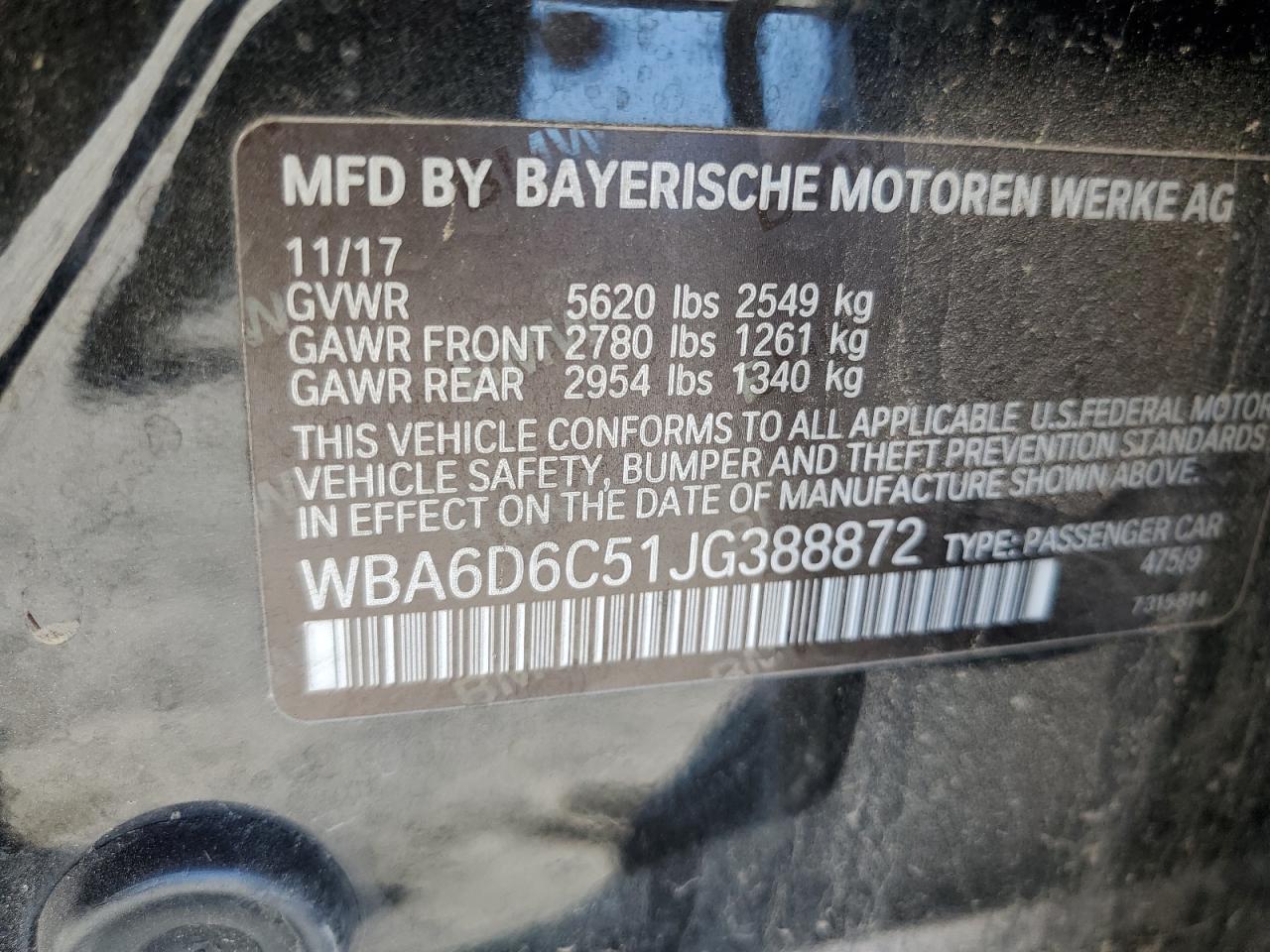 2018 BMW 650 Xi Gran Coupe VIN: WBA6D6C51JG388872 Lot: 66626245