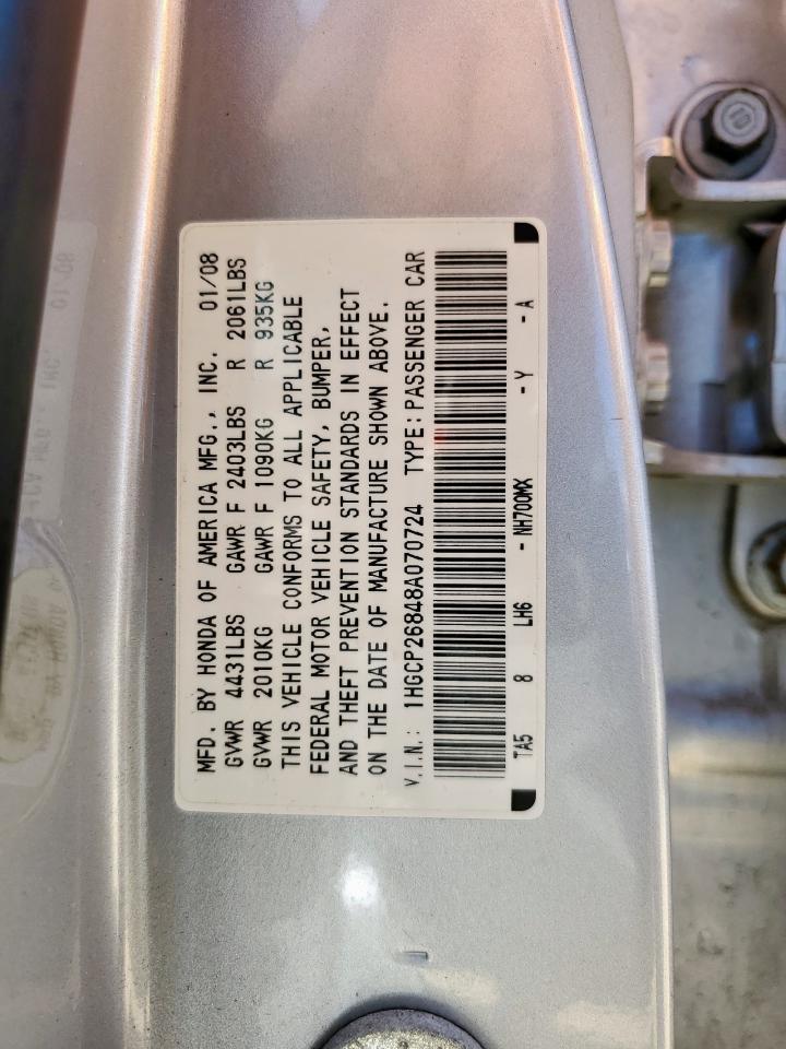 2008 Honda Accord Exl VIN: 1HGCP26848A070724 Lot: 65404685