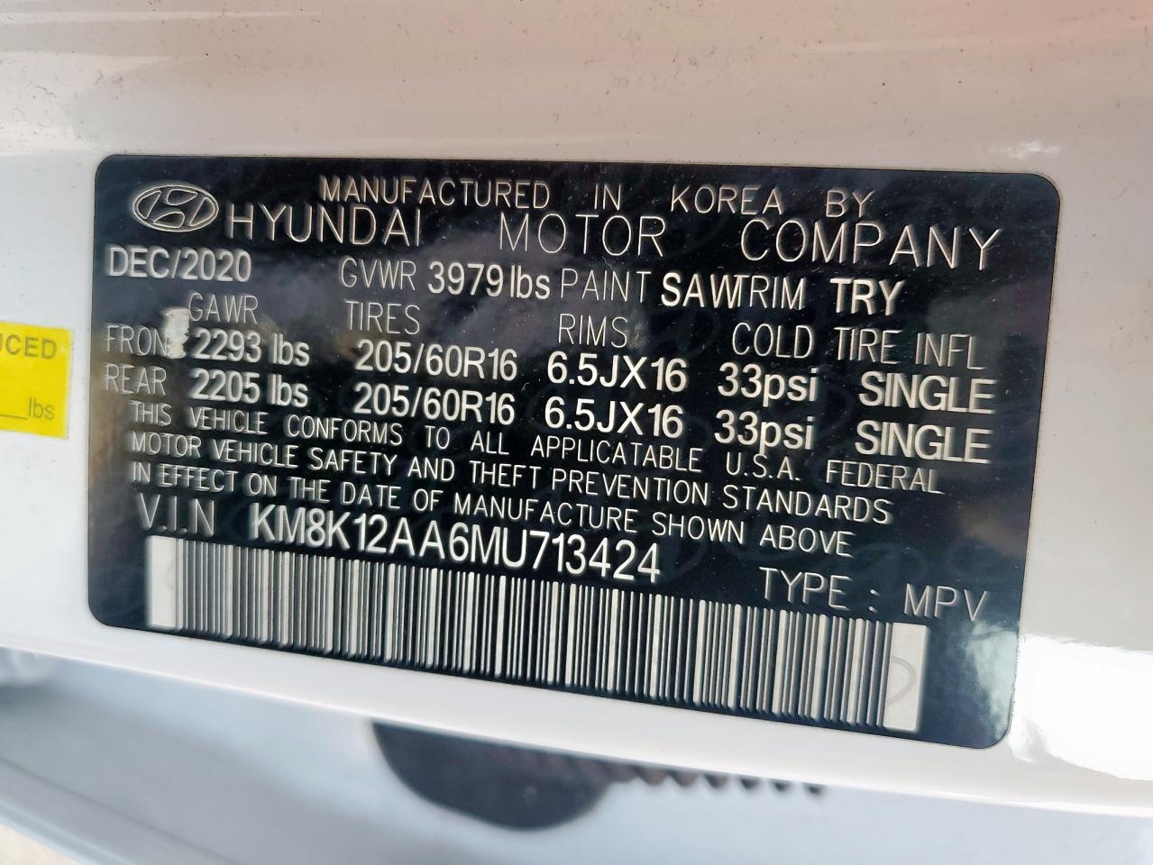 2021 Hyundai Kona Se VIN: KM8K12AA6MU713424 Lot: 66572295