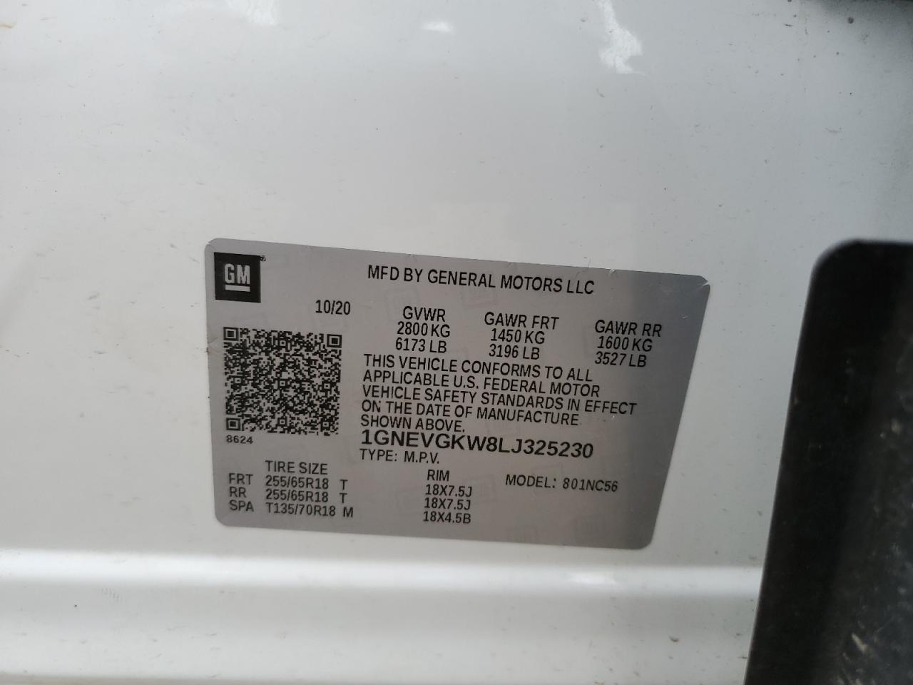 2020 Chevrolet Traverse Lt VIN: 1GNEVGKW8LJ325230 Lot: 62815105