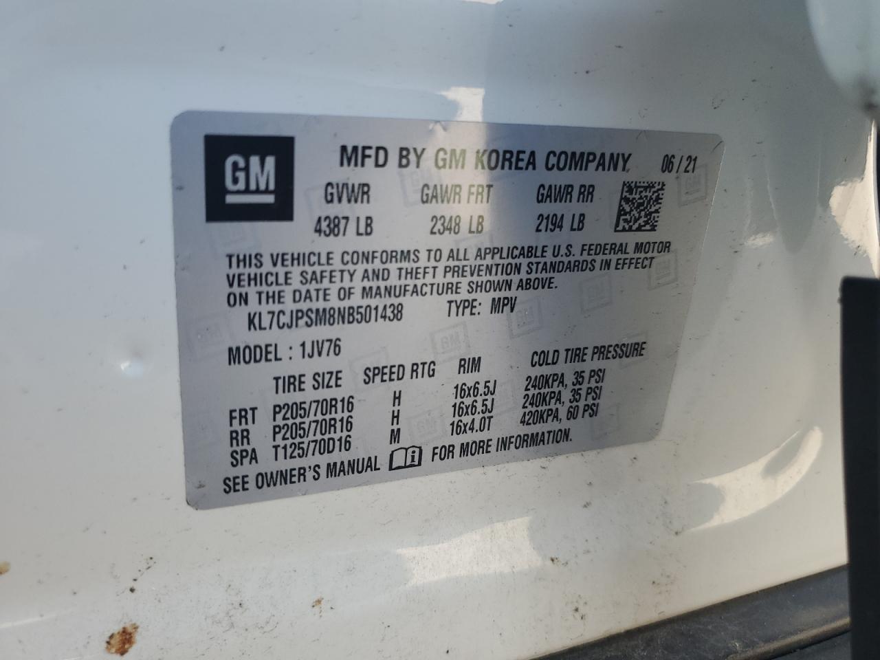 2022 Chevrolet Trax 1Lt VIN: KL7CJPSM8NB501438 Lot: 64067035