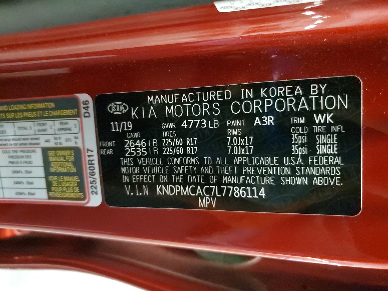 2020 Kia Sportage Lx VIN: KNDPMCAC7L7786114 Lot: 64462315