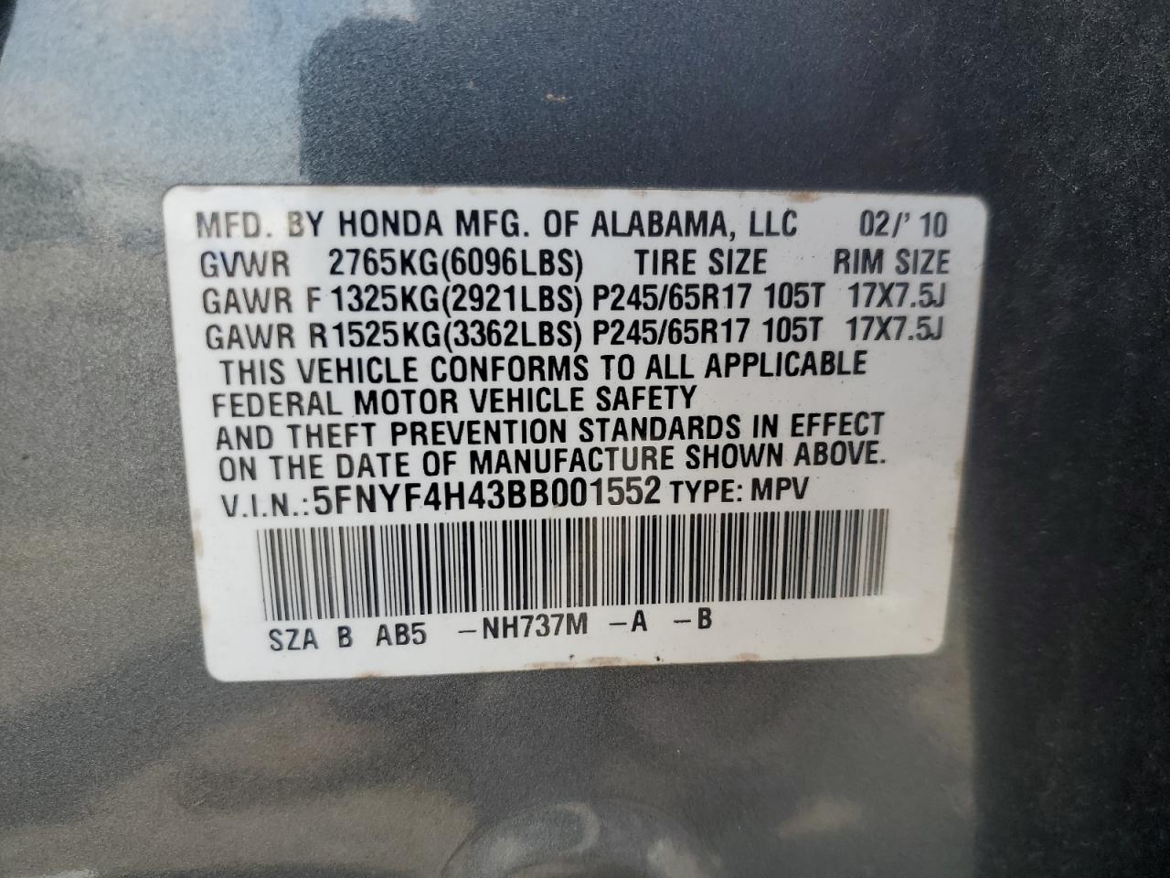 2011 Honda Pilot Ex VIN: 5FNYF4H43BB001552 Lot: 64261845