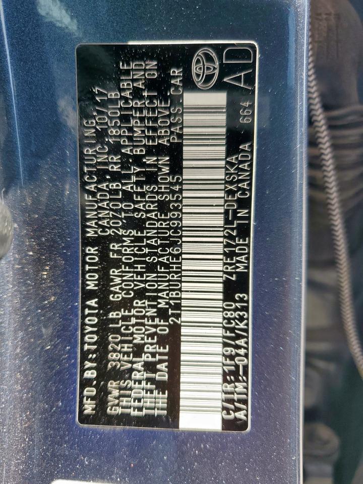 2T1BURHE6JC993545 2018 Toyota Corolla L