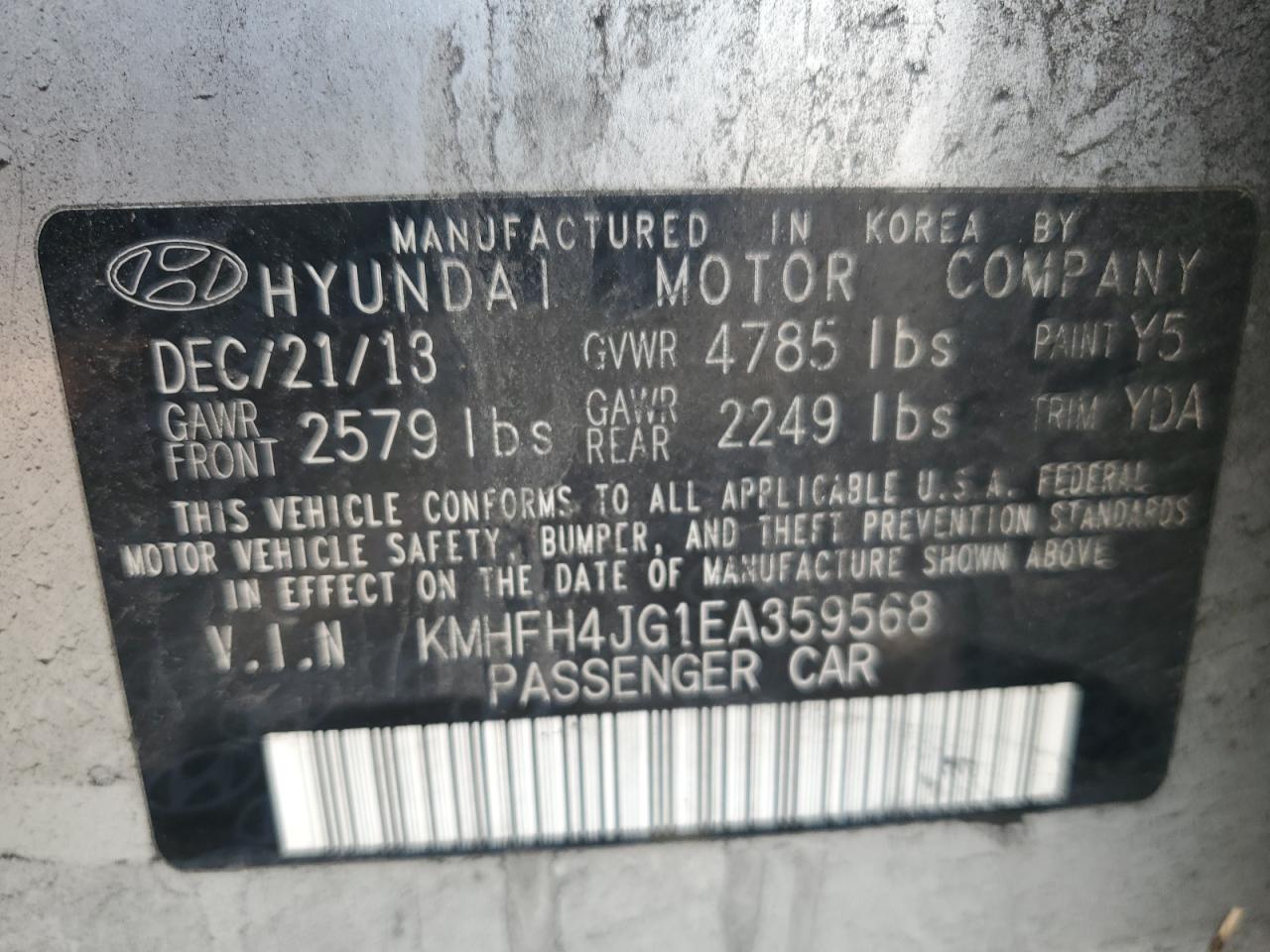 2014 Hyundai Azera Gls VIN: KMHFH4JG1EA359568 Lot: 64100125