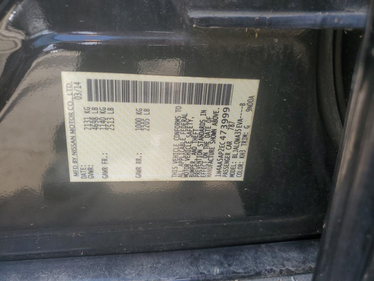 2014 Nissan Maxima S VIN: 1N4AA5AP2EC473999 Lot: 63279645