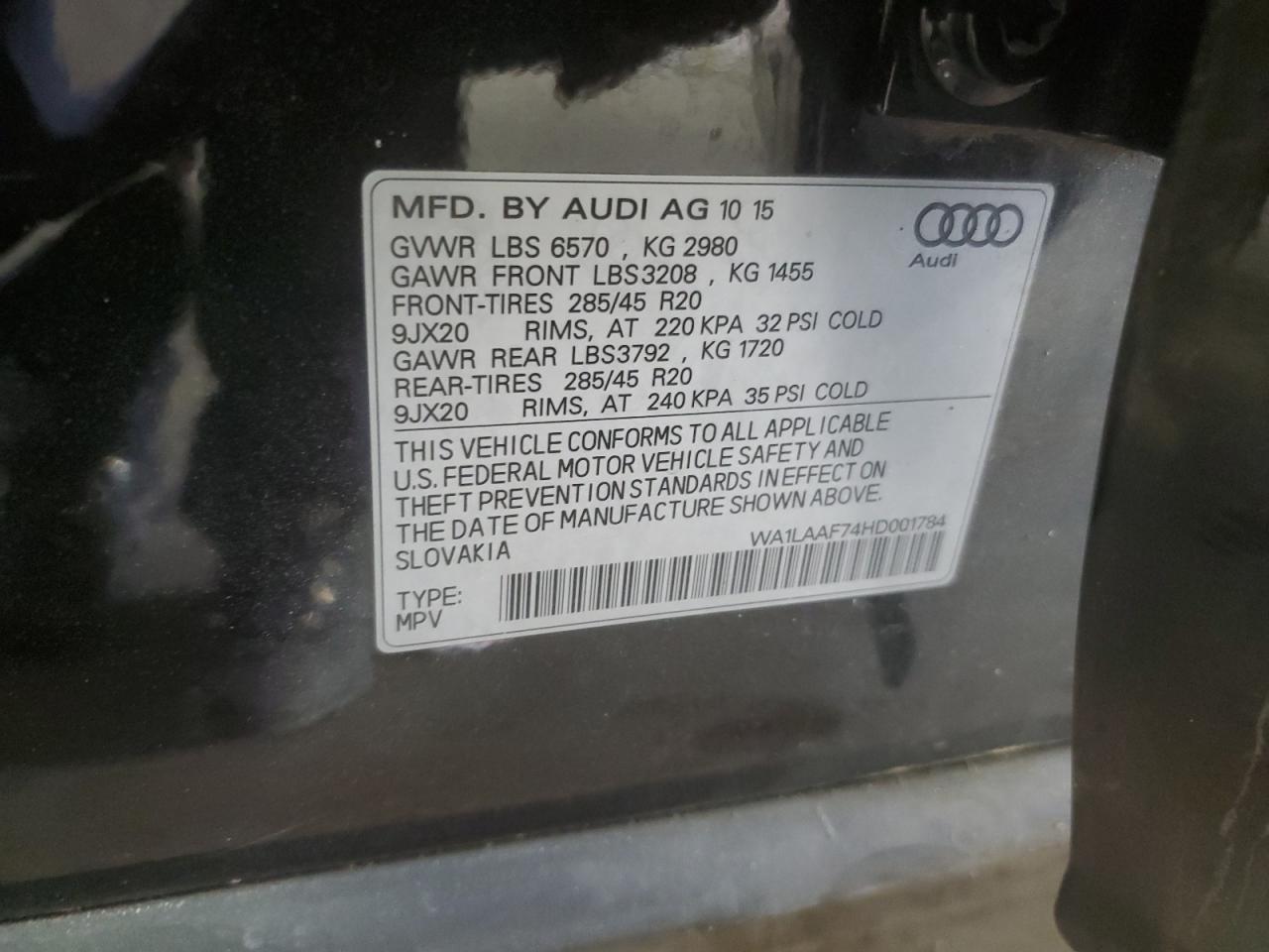 2017 Audi Q7 Premium Plus VIN: WA1LAAF74HD001784 Lot: 65231745