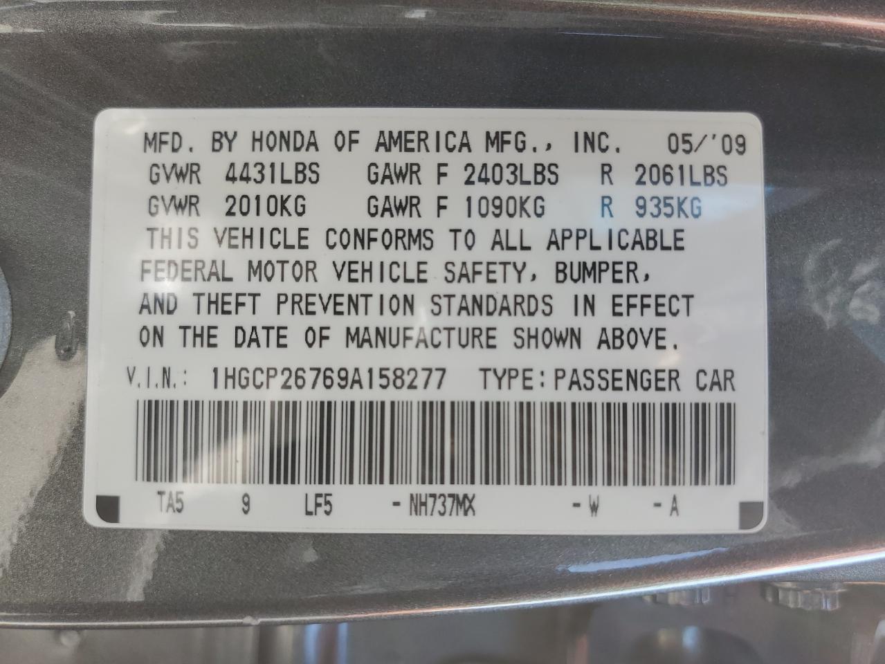 2009 Honda Accord Ex VIN: 1HGCP26769A158277 Lot: 64889805