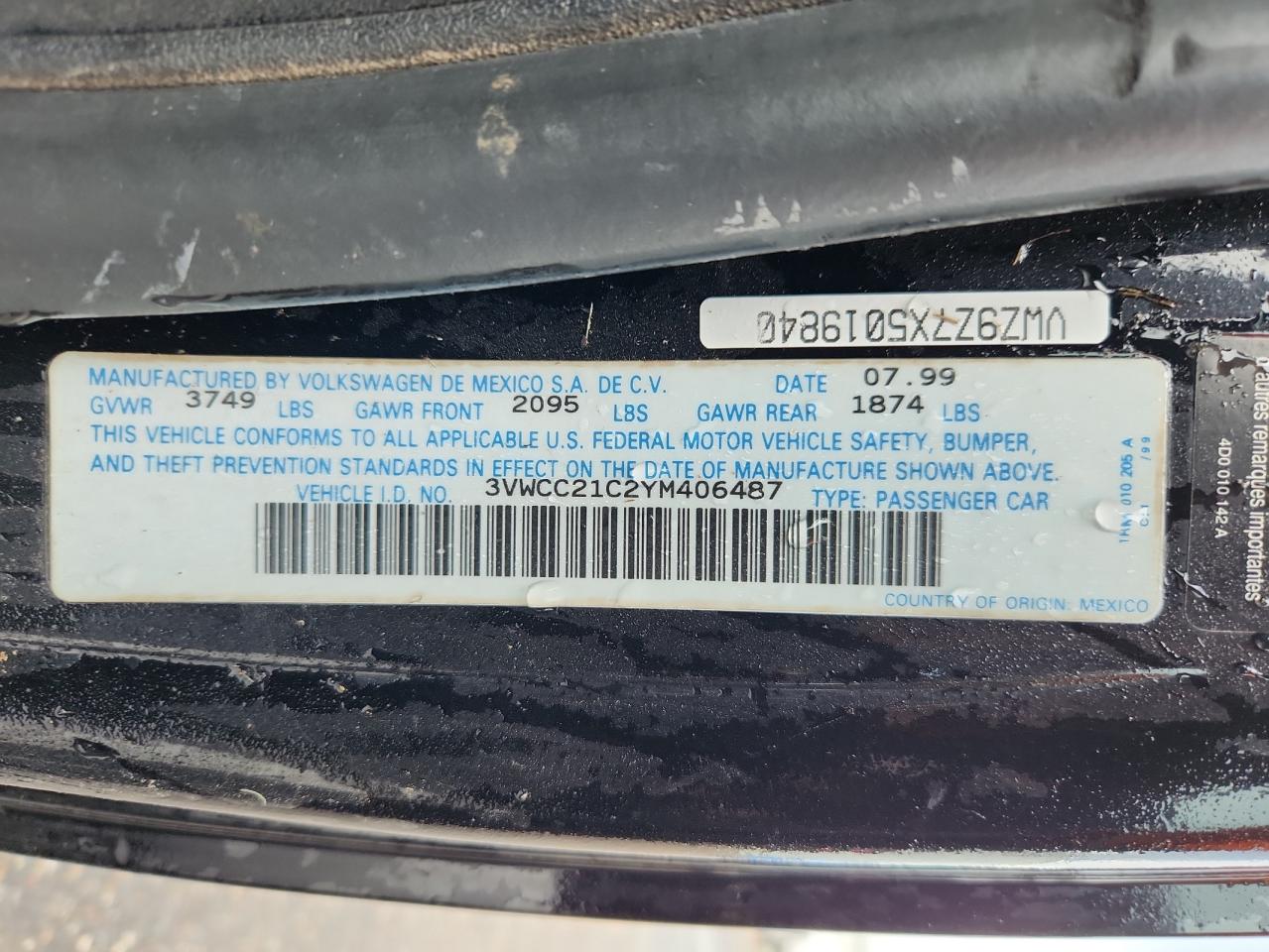 2000 Volkswagen New Beetle Gls VIN: 3VWCC21C2YM406487 Lot: 64654675