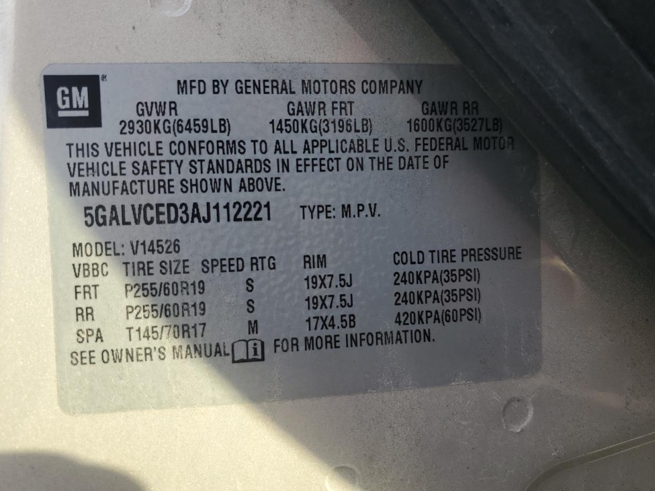 2010 Buick Enclave Cxl VIN: 5GALVCED3AJ112221 Lot: 63673885