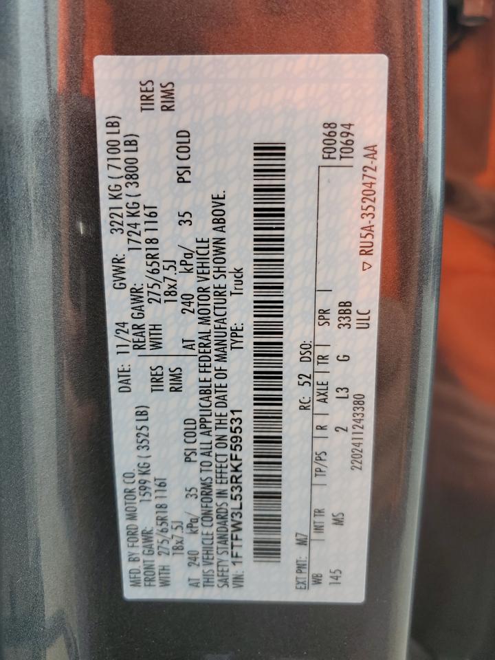 2024 Ford F150 Xlt VIN: 1FTFW3L53RKF59531 Lot: 65360635