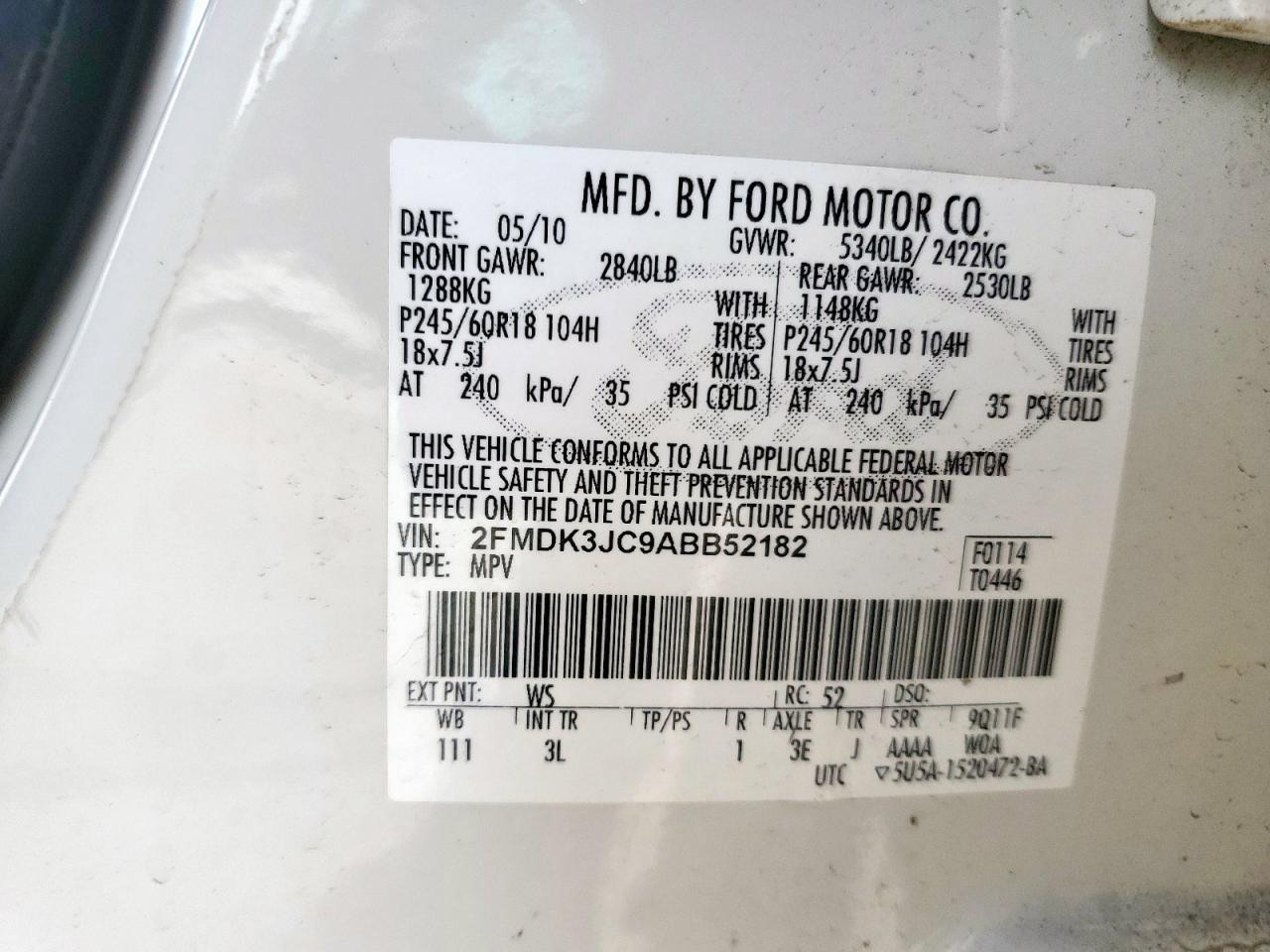 2010 Ford Edge Sel VIN: 2FMDK3JC9ABB52182 Lot: 63584035