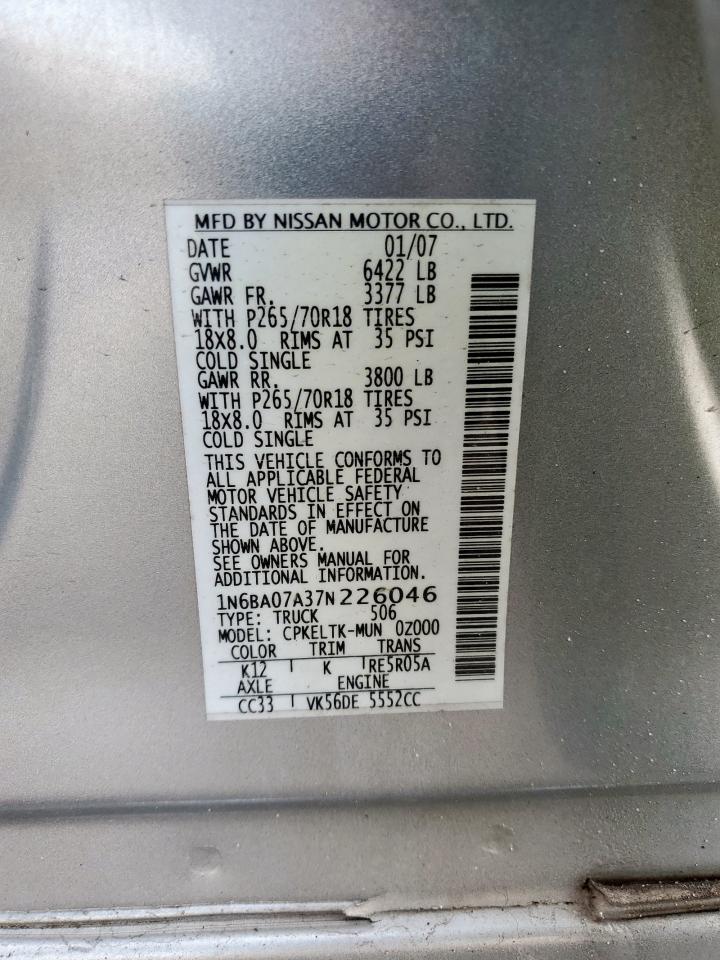 2007 Nissan Titan Xe VIN: 1N6BA07A37N226046 Lot: 63550745
