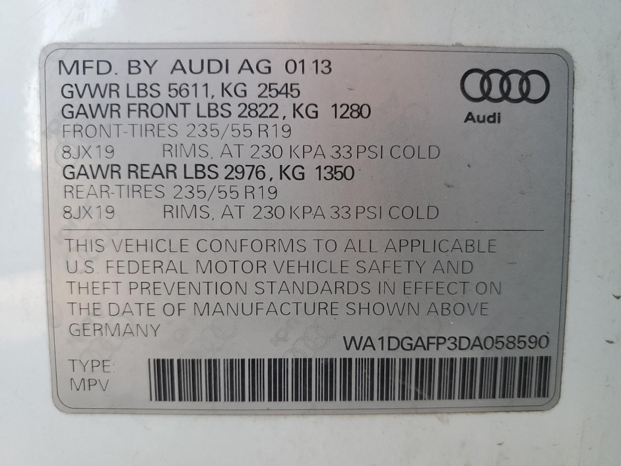 2013 Audi Q5 Premium Plus VIN: WA1DGAFP3DA058590 Lot: 65569015