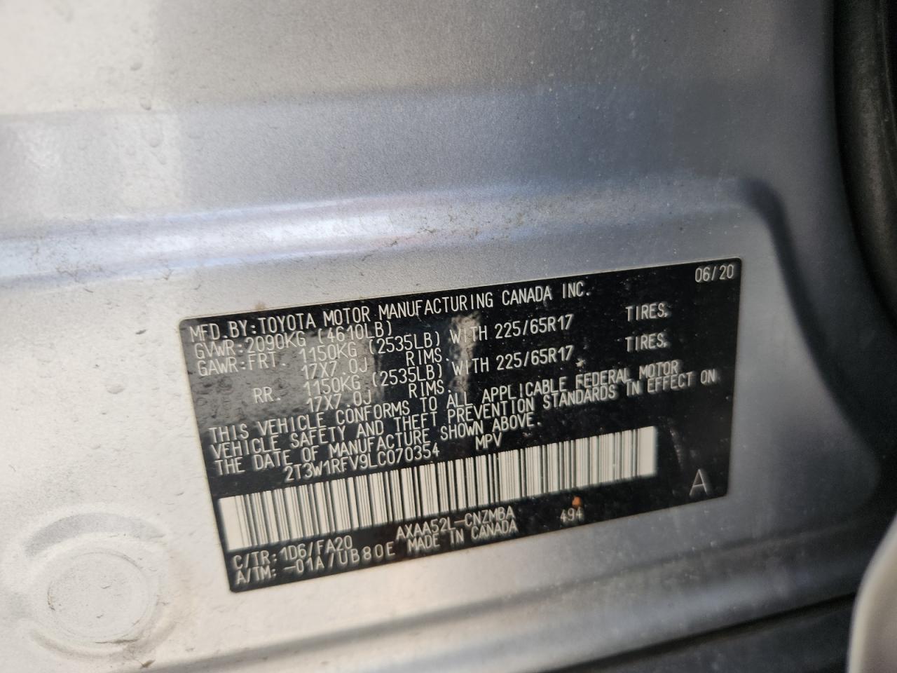 2020 Toyota Rav4 Xle VIN: 2T3W1RFV9LC070354 Lot: 64863775