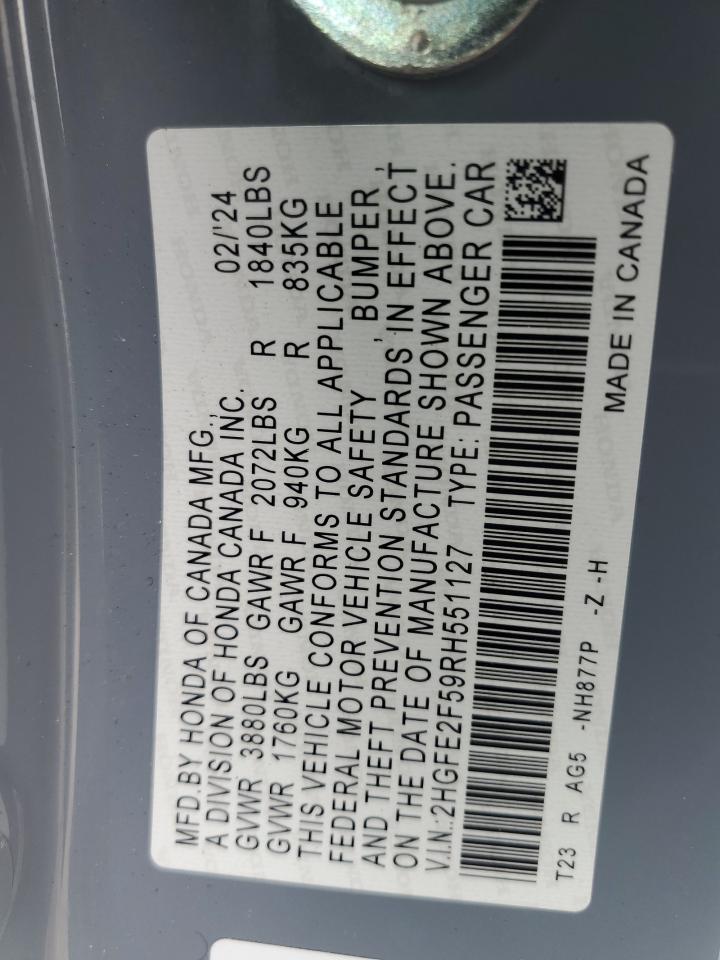 2024 Honda Civic Sport VIN: 2HGFE2F59RH551127 Lot: 65293925