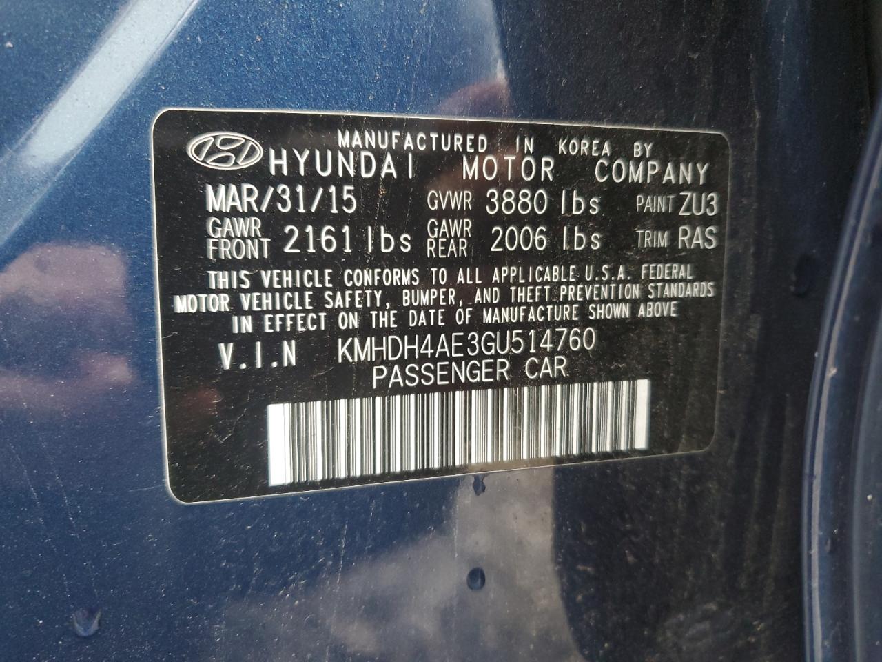 2016 Hyundai Elantra Se VIN: KMHDH4AE3GU514760 Lot: 65237265