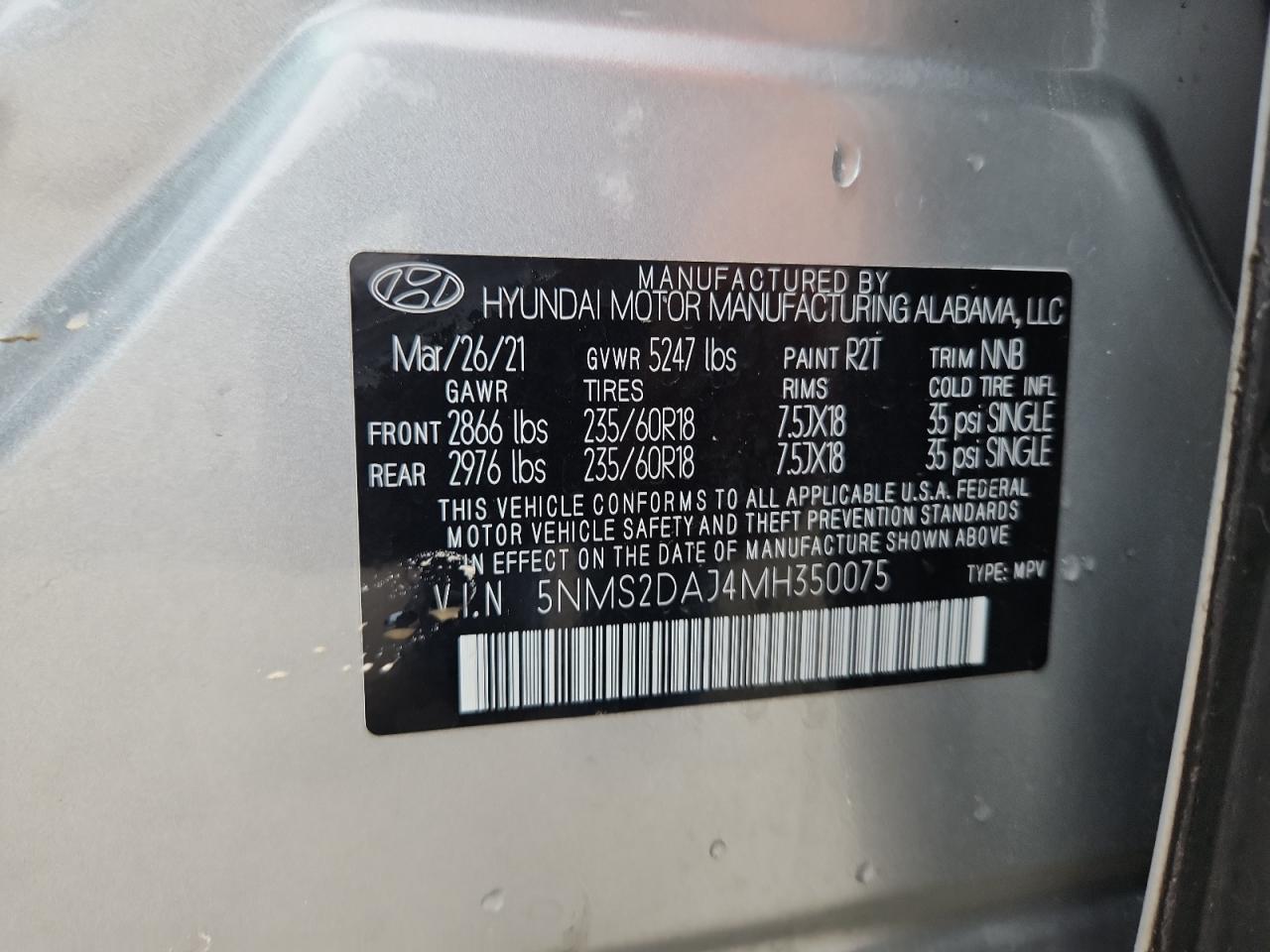 2021 Hyundai Santa Fe Sel VIN: 5NMS2DAJ4MH350075 Lot: 64683705