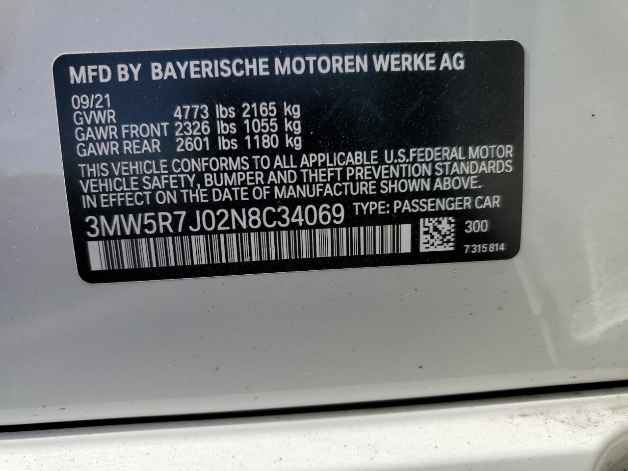 2022 BMW 330Xi VIN: 3MW5R7J02N8C34069 Lot: 63990255