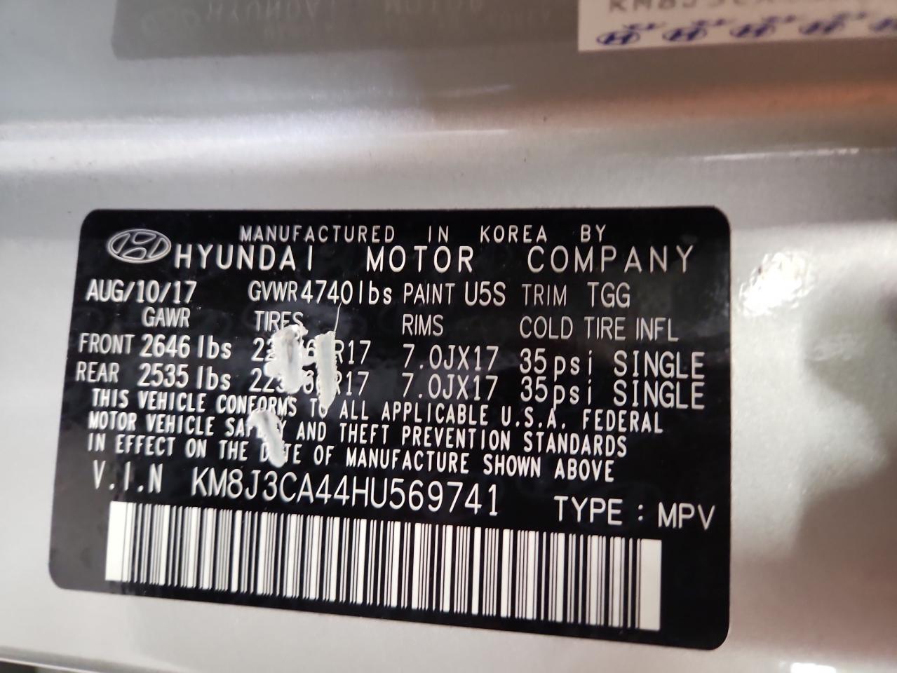 2017 Hyundai Tucson Limited VIN: KM8J3CA44HU569741 Lot: 65352665