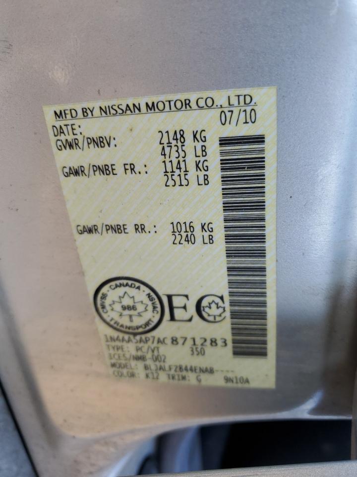 2010 Nissan Maxima S VIN: 1N4AA5AP7AC871283 Lot: 66394785
