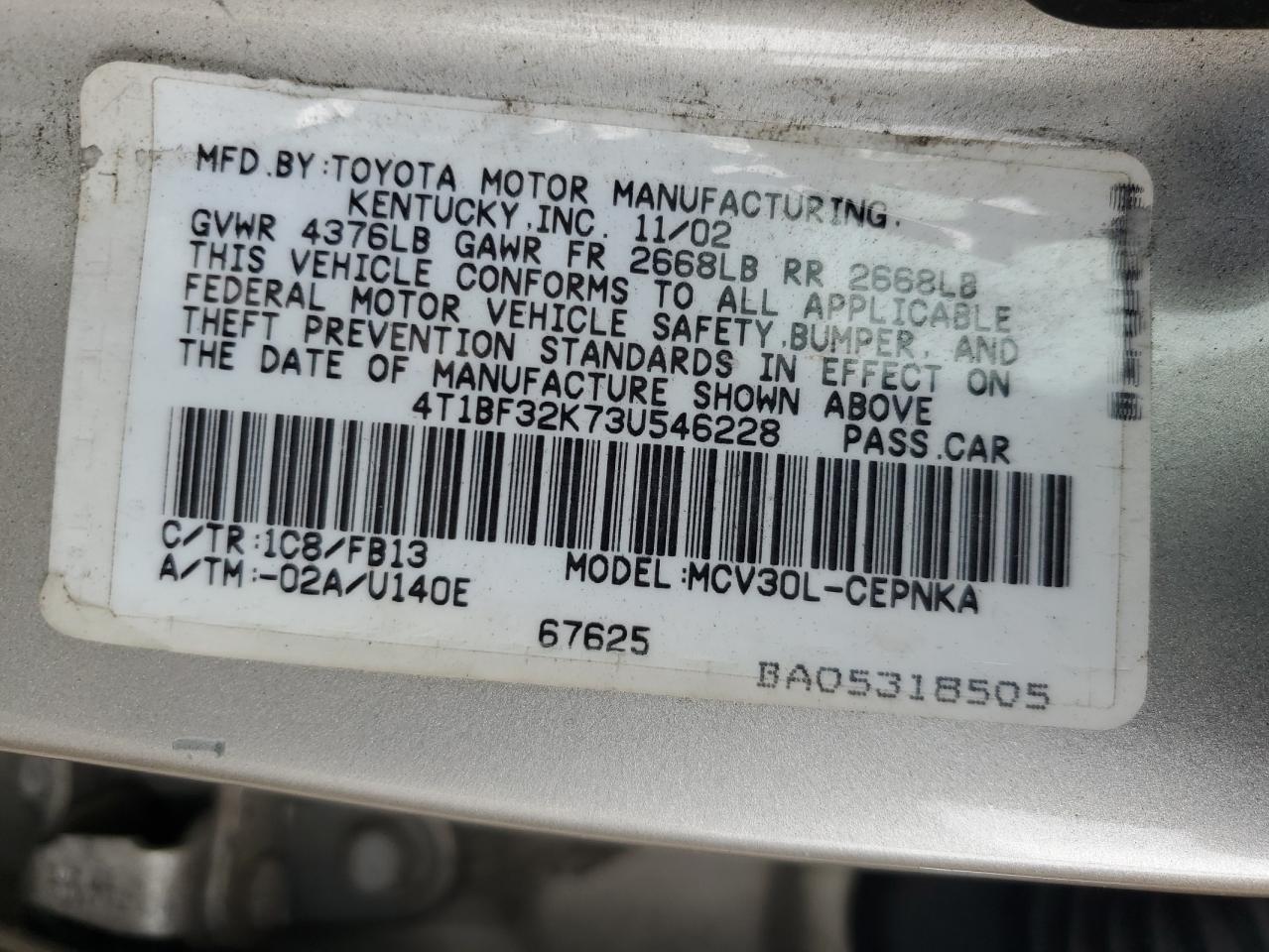2003 Toyota Camry Le VIN: 4T1BF32K73U546228 Lot: 64672915