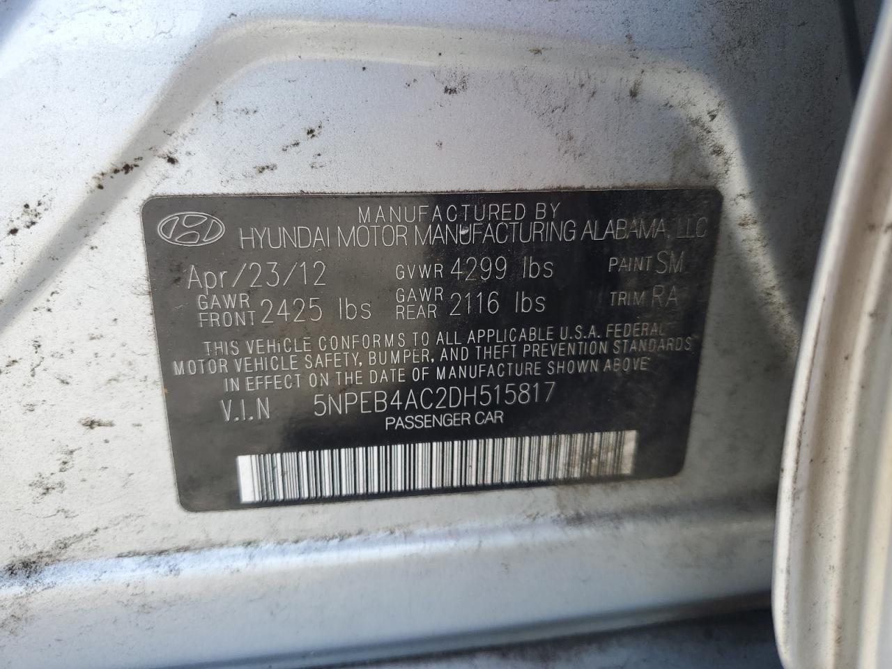 2013 Hyundai Sonata Gls VIN: 5NPEB4AC2DH515817 Lot: 64114795