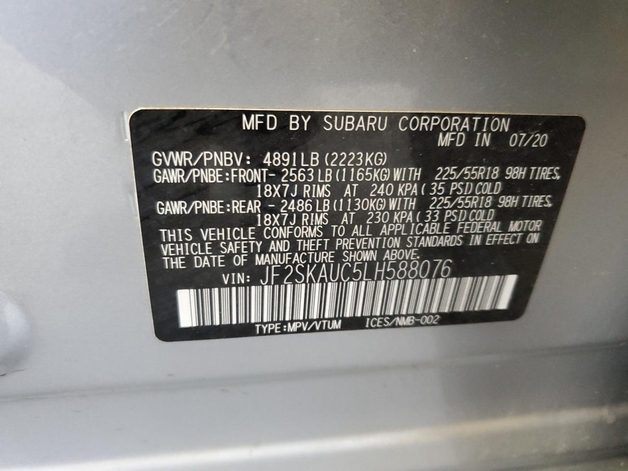 2020 Subaru Forester Limited VIN: JF2SKAUC5LH588076 Lot: 63333775