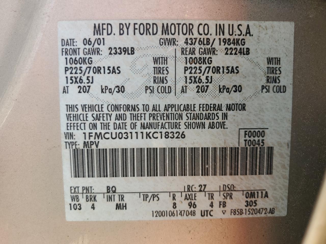 2001 Ford Escape Xlt VIN: 1FMCU03111KC18326 Lot: 65971005