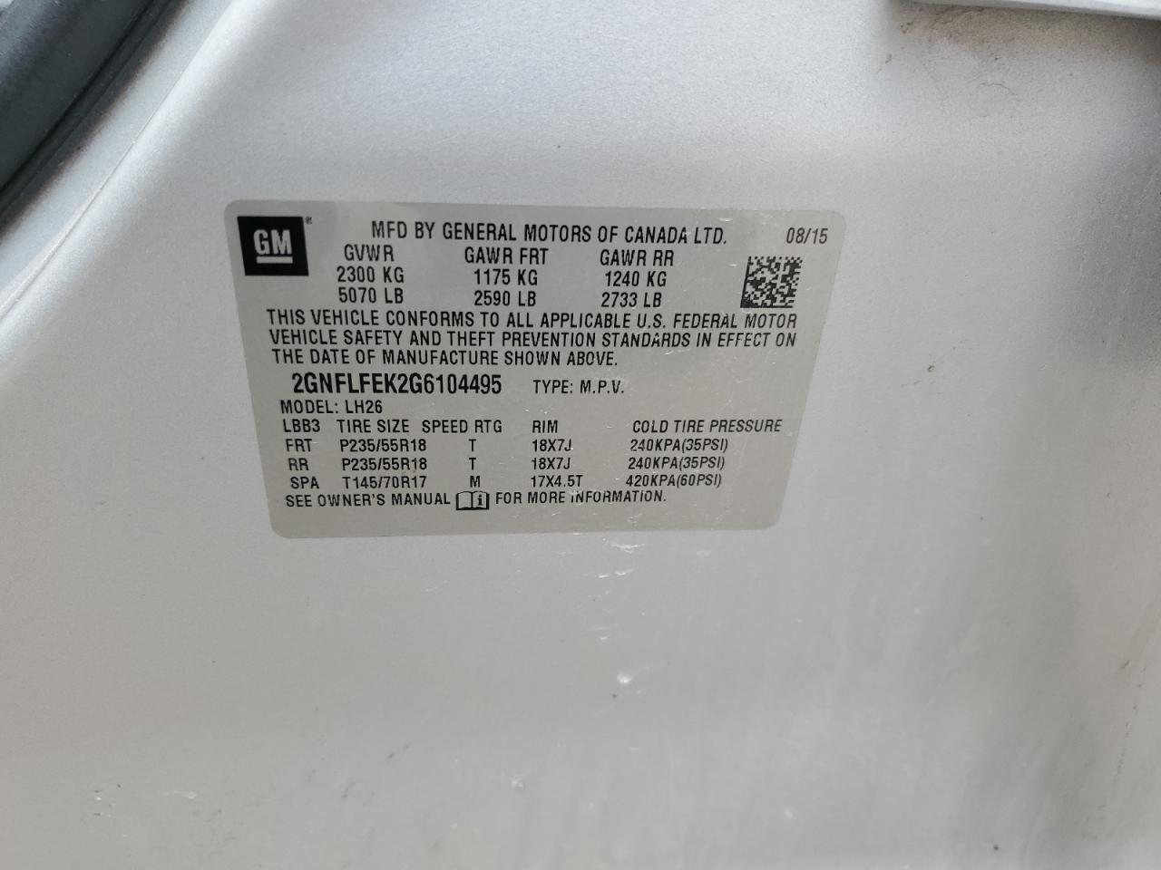 2016 Chevrolet Equinox Lt VIN: 2GNFLFEK2G6104495 Lot: 65031495