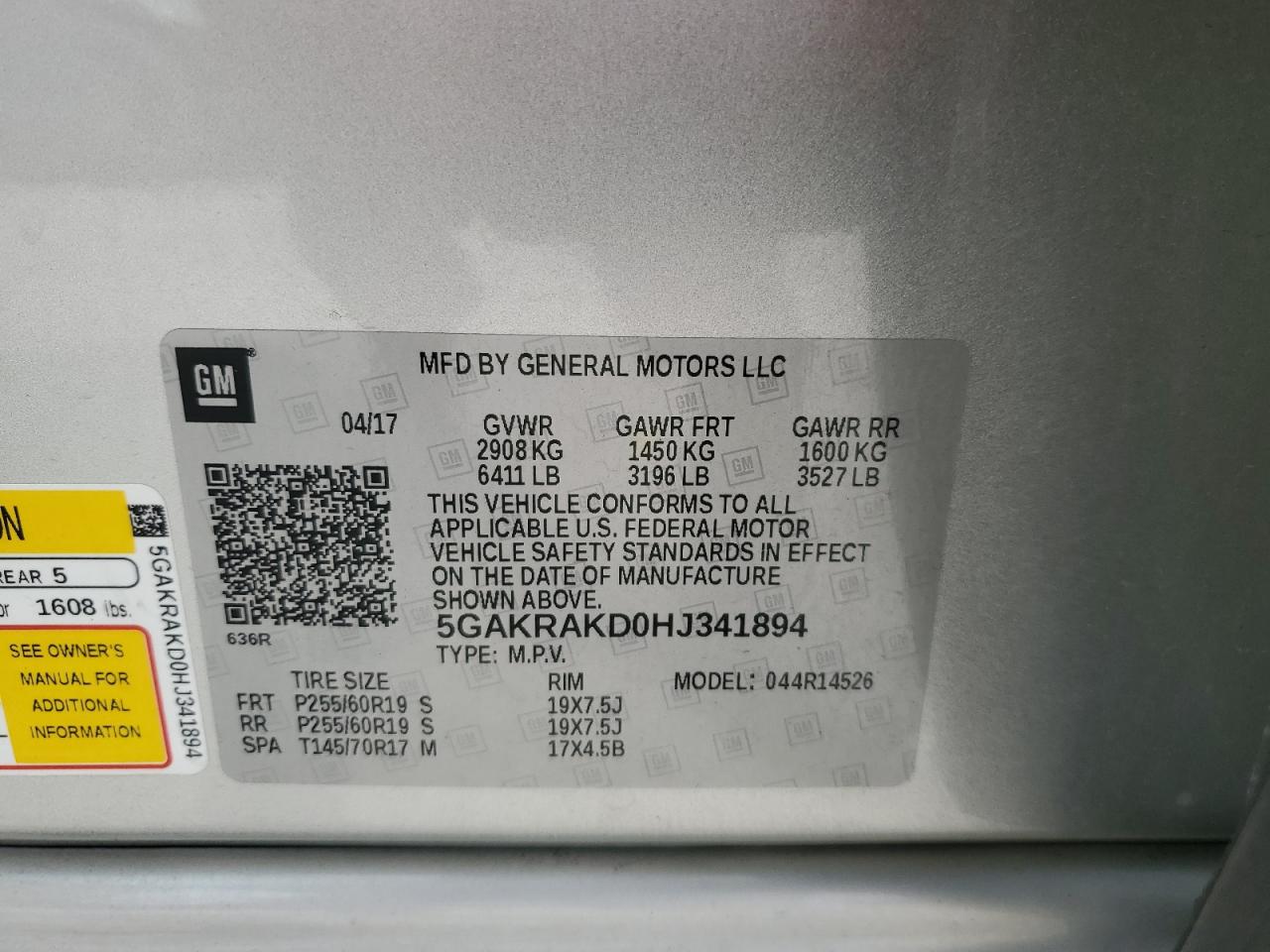 2017 Buick Enclave VIN: 5GAKRAKD0HJ341894 Lot: 64823475