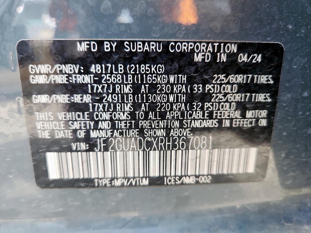 2024 Subaru Crosstrek Premium VIN: JF2GUADCXRH367081 Lot: 65089085