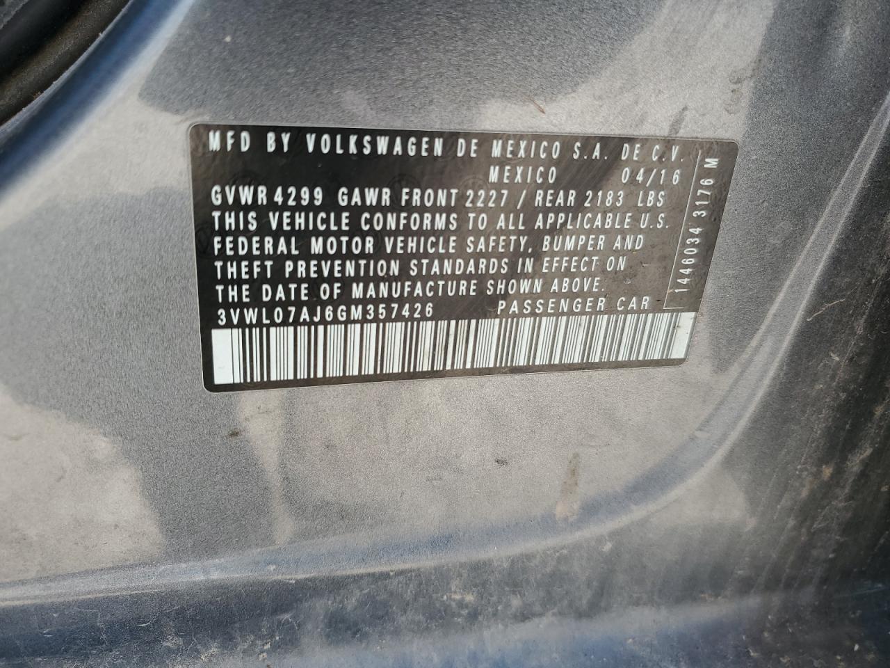 2016 Volkswagen Jetta Sel VIN: 3VWL07AJ6GM357426 Lot: 65562985