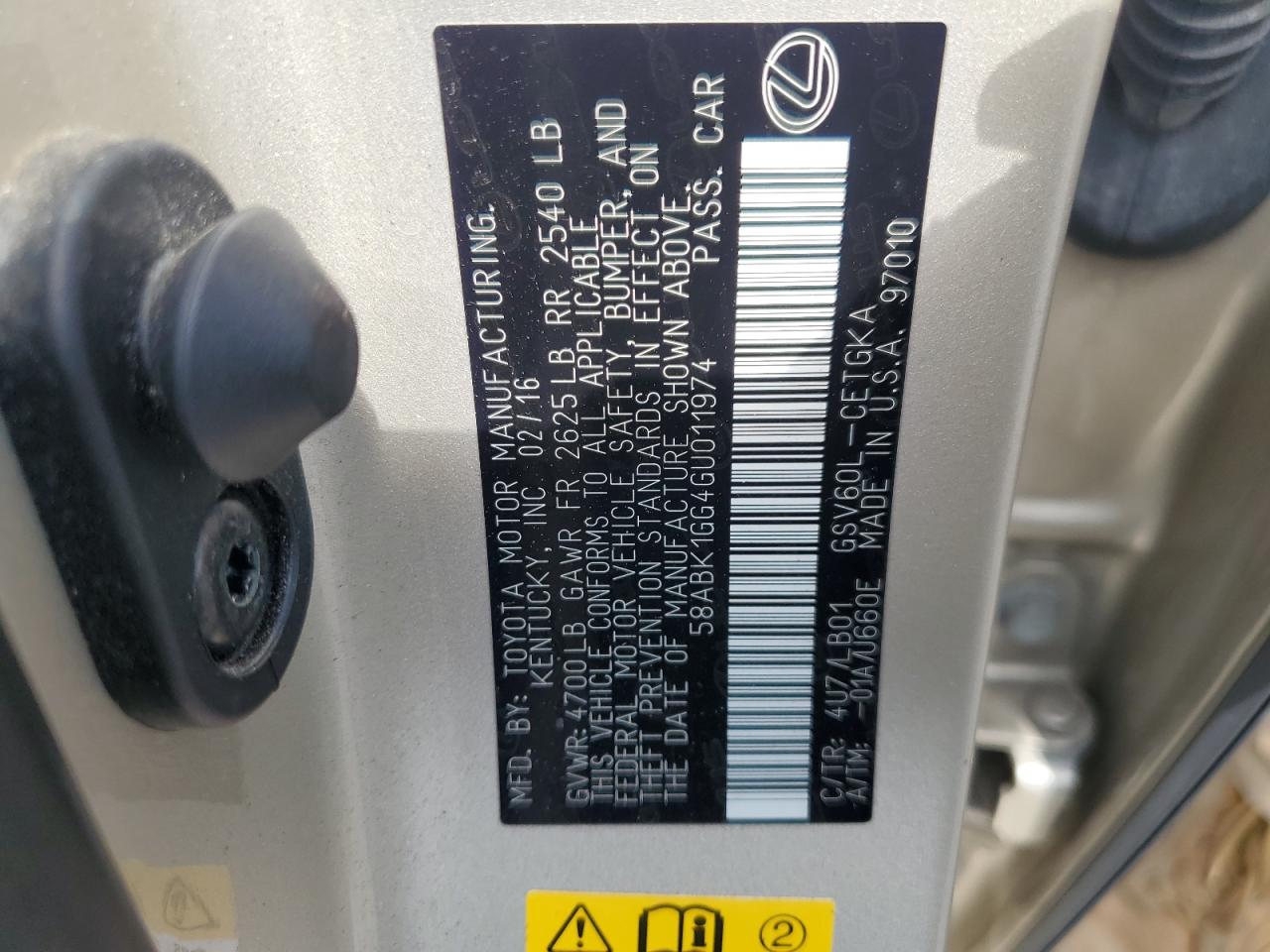 2016 Lexus Es 350 VIN: 58ABK1GG4GU011974 Lot: 65121335