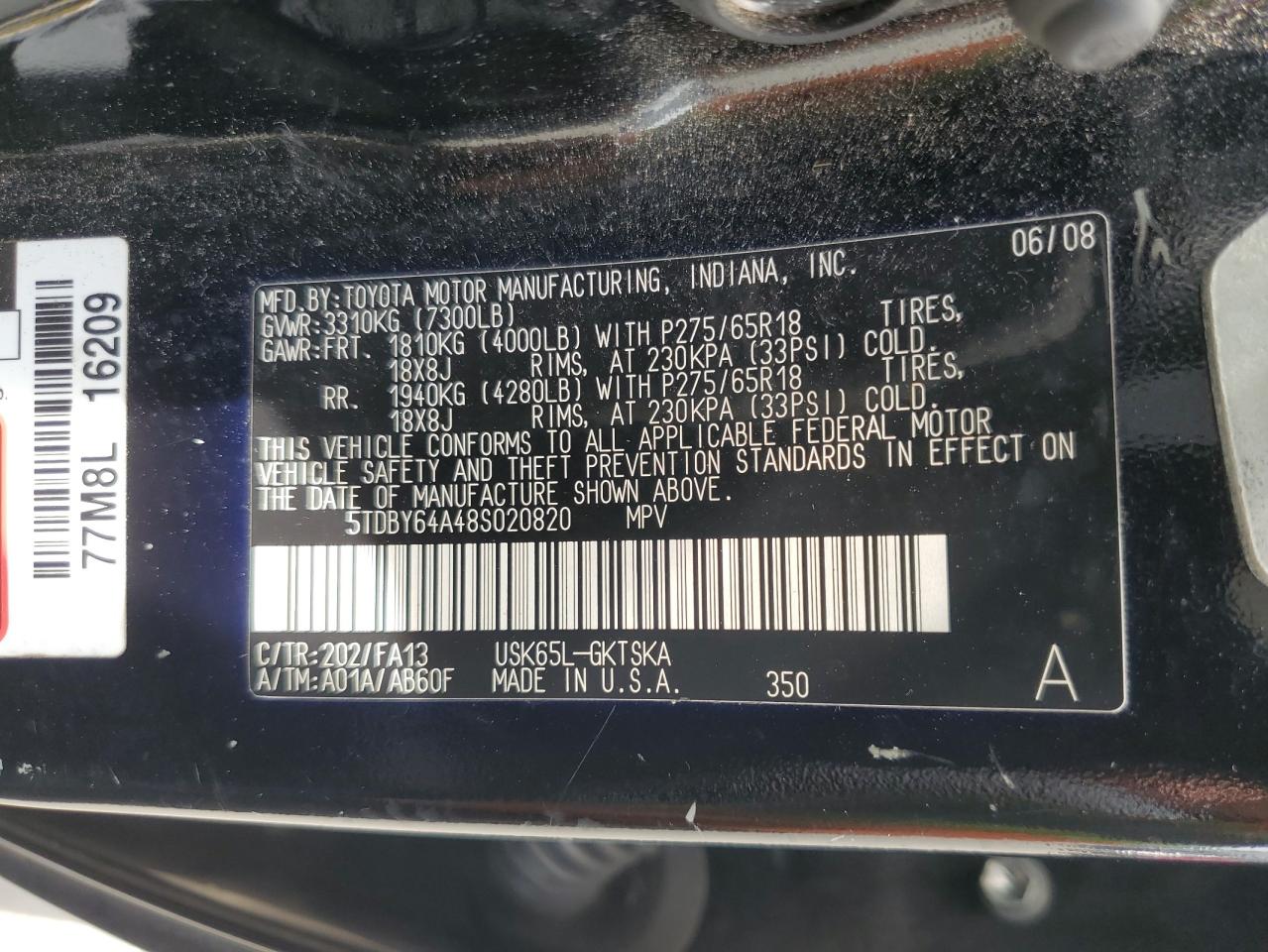 2008 Toyota Sequoia Sr5 VIN: 5TDBY64A48S020820 Lot: 63588945