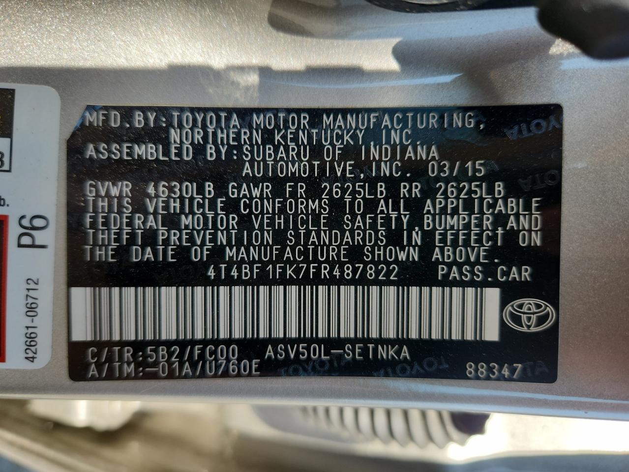 2015 Toyota Camry Le VIN: 4T4BF1FK7FR487822 Lot: 64596655