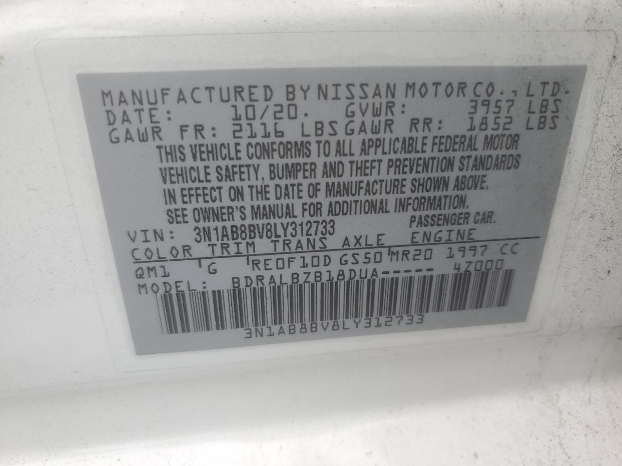 2020 Nissan Sentra S VIN: 3N1AB8BV8LY312733 Lot: 63658865