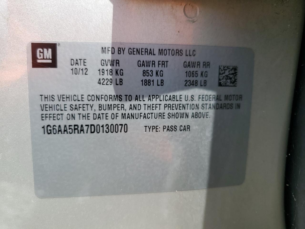 2013 Cadillac Ats VIN: 1G6AA5RA7D0130070 Lot: 64820945