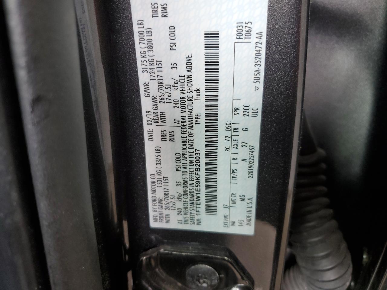 2019 Ford F150 Supercrew VIN: 1FTEW1E59KFB20037 Lot: 64642475