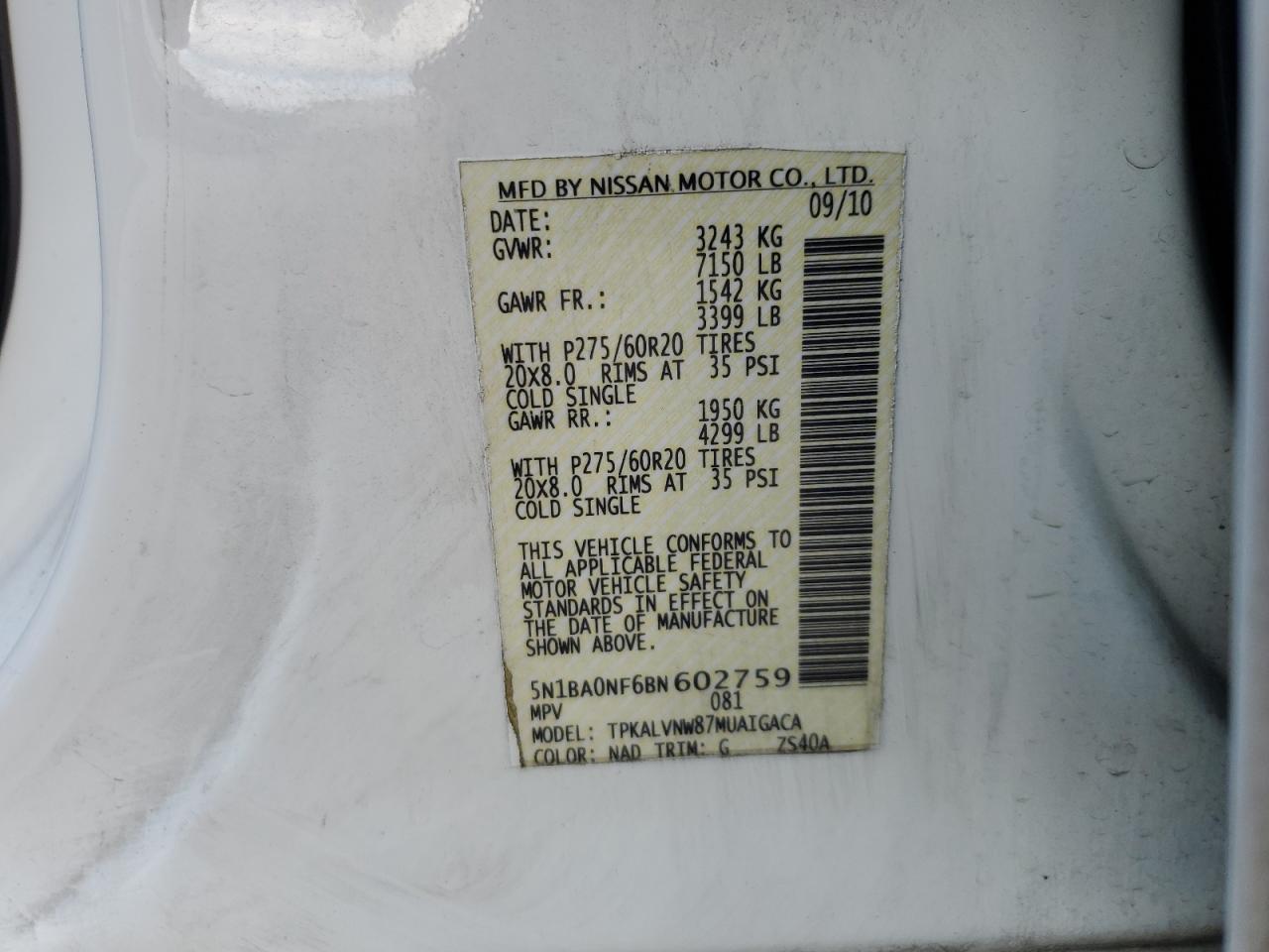 2011 Nissan Armada Platinum VIN: 5N1BA0NF6BN602759 Lot: 65448645