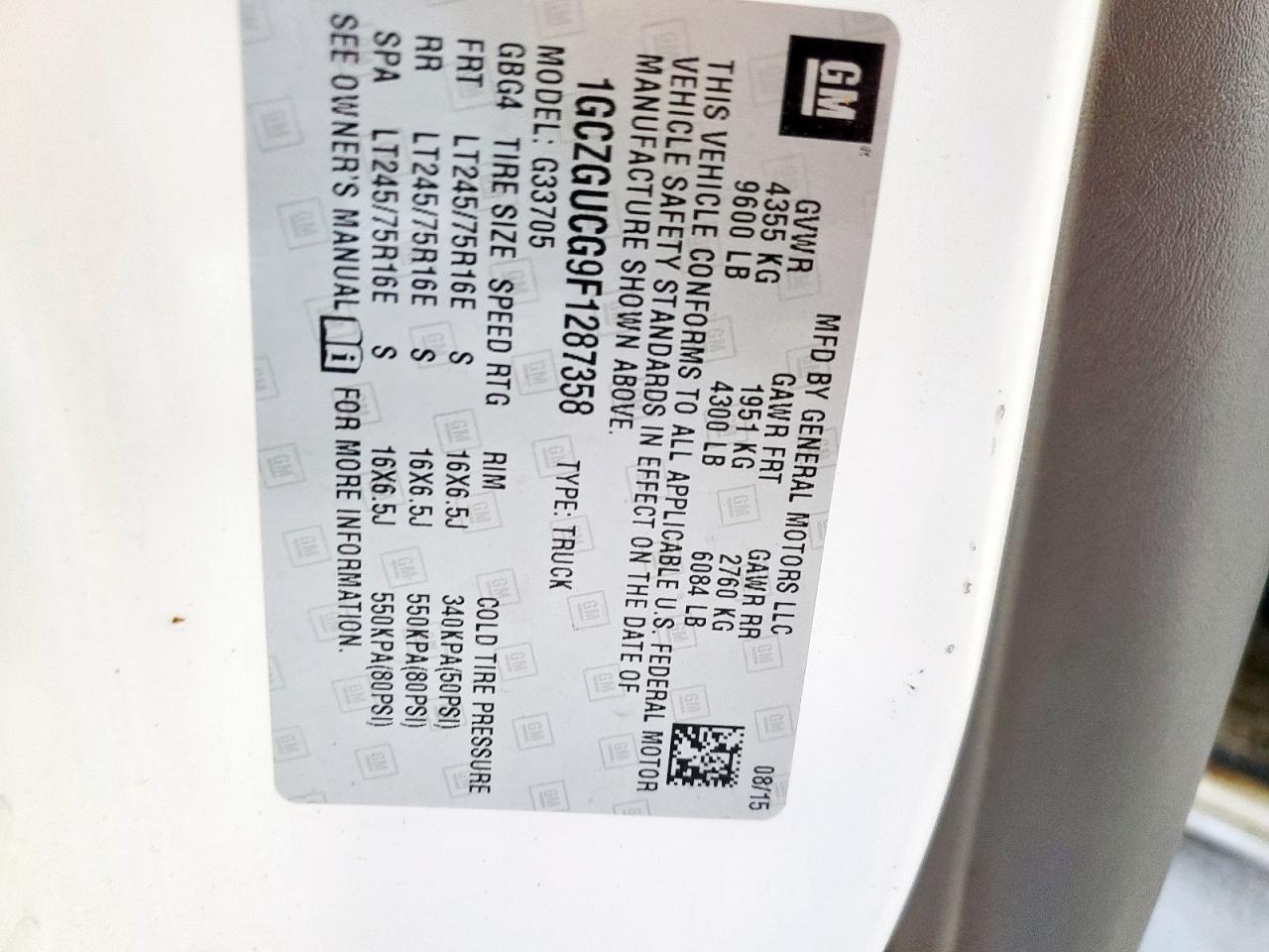 2015 Chevrolet Express G3500 VIN: 1GCZGUCG9F1287358 Lot: 65641245