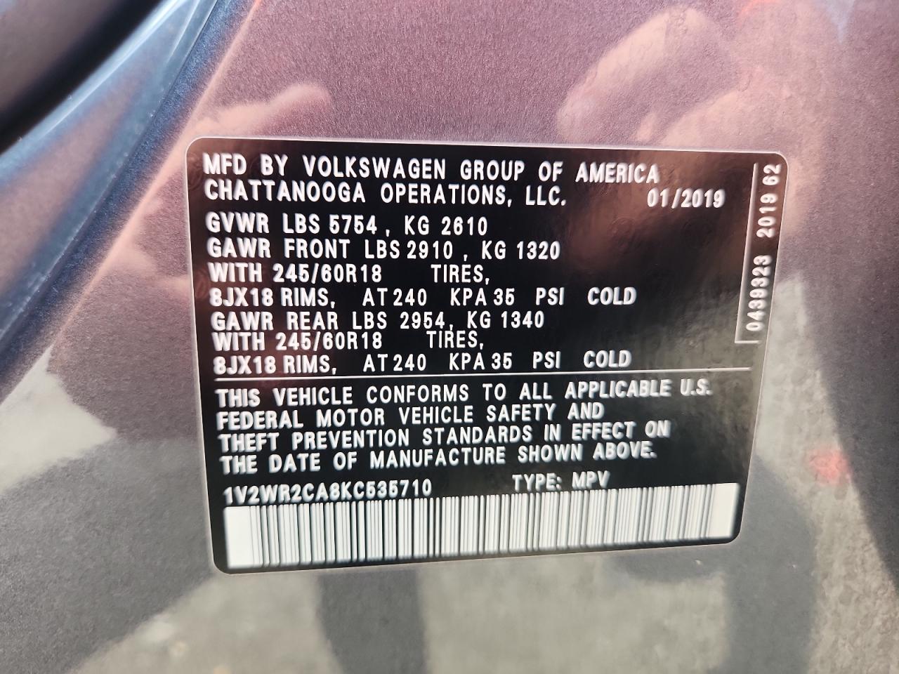 2019 Volkswagen Atlas Se VIN: 1V2WR2CA8KC535710 Lot: 63917105
