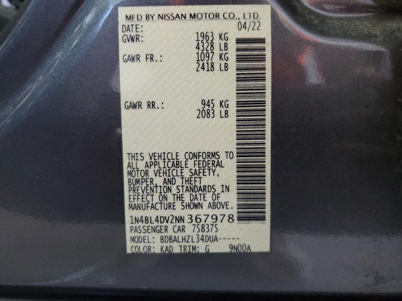 2022 Nissan Altima Sv VIN: 1N4BL4DV2NN367978 Lot: 65026955