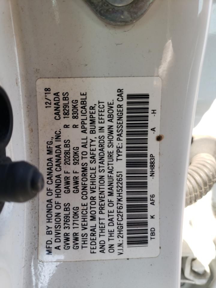 2019 Honda Civic Lx VIN: 2HGFC2F67KH522651 Lot: 65571465