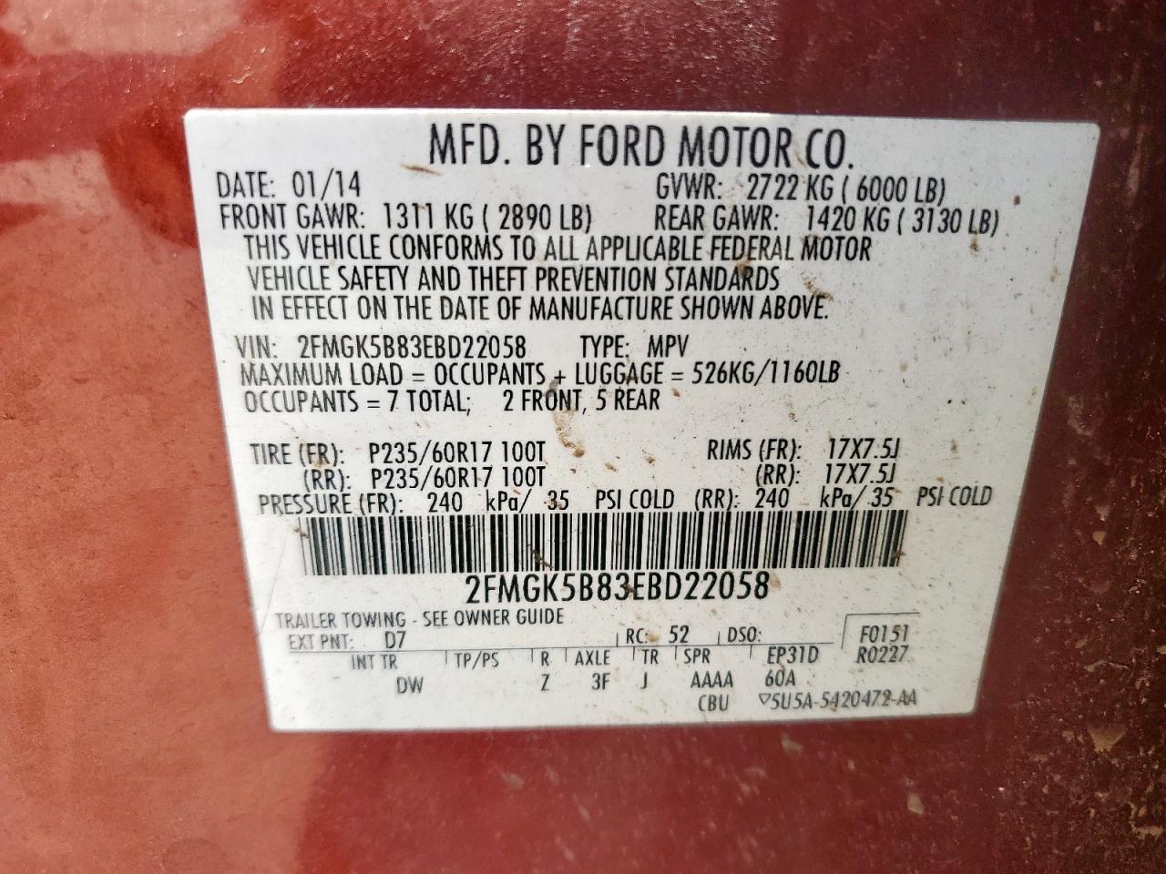 2014 Ford Flex Se VIN: 2FMGK5B83EBD22058 Lot: 64495665