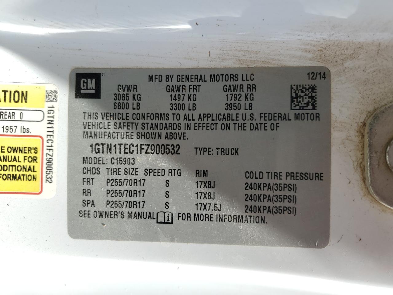 2015 GMC Sierra C1500 VIN: 1GTN1TEC1FZ900532 Lot: 63032505