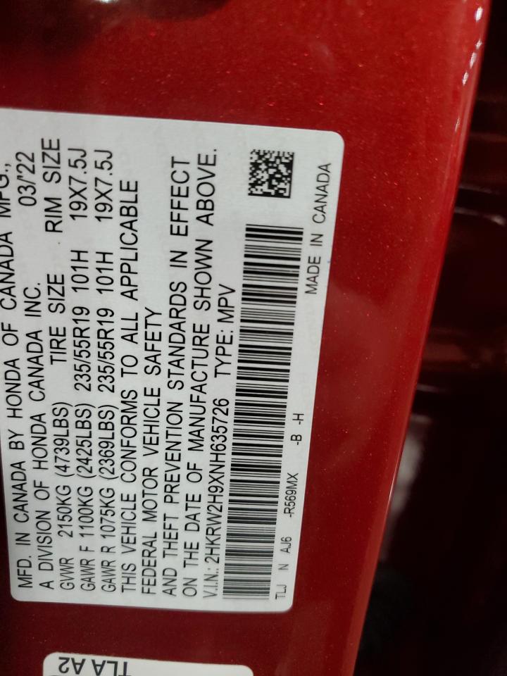 2022 Honda Cr-V Touring VIN: 2HKRW2H9XNH635726 Lot: 67120675