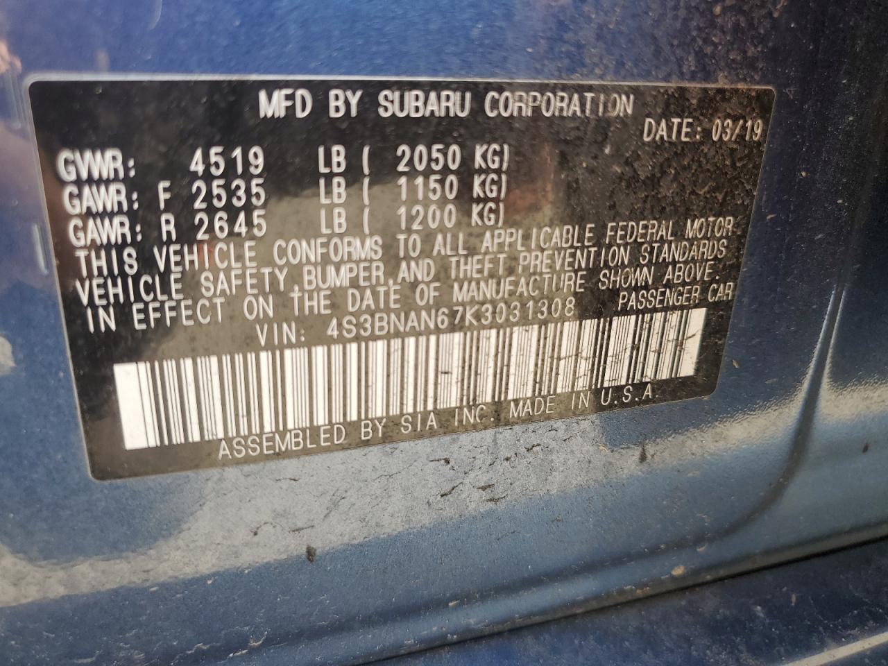 2019 Subaru Legacy 2.5I Limited VIN: 4S3BNAN67K3031308 Lot: 63000175